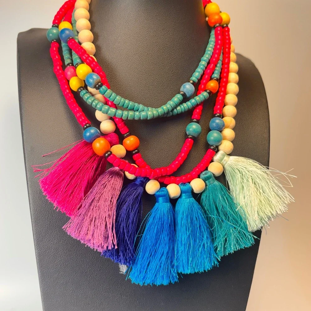 Wooden Bead Necklace Set Multicolor Tassel Boho Statement Layered 3pcs
